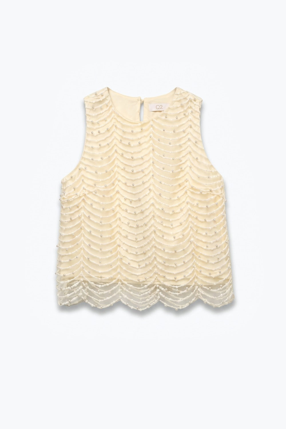 Blusa sem mangas com barra em vieira adornada com miçangas na cor creme