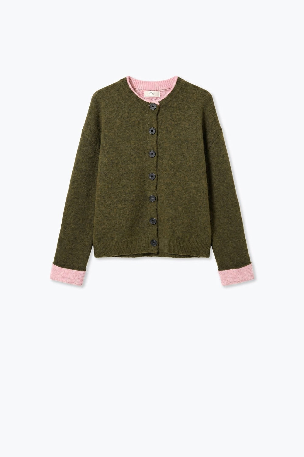 Cardigan com Botões e Acabamento Canelado em Malha Fina Verde Oliva e Rosa