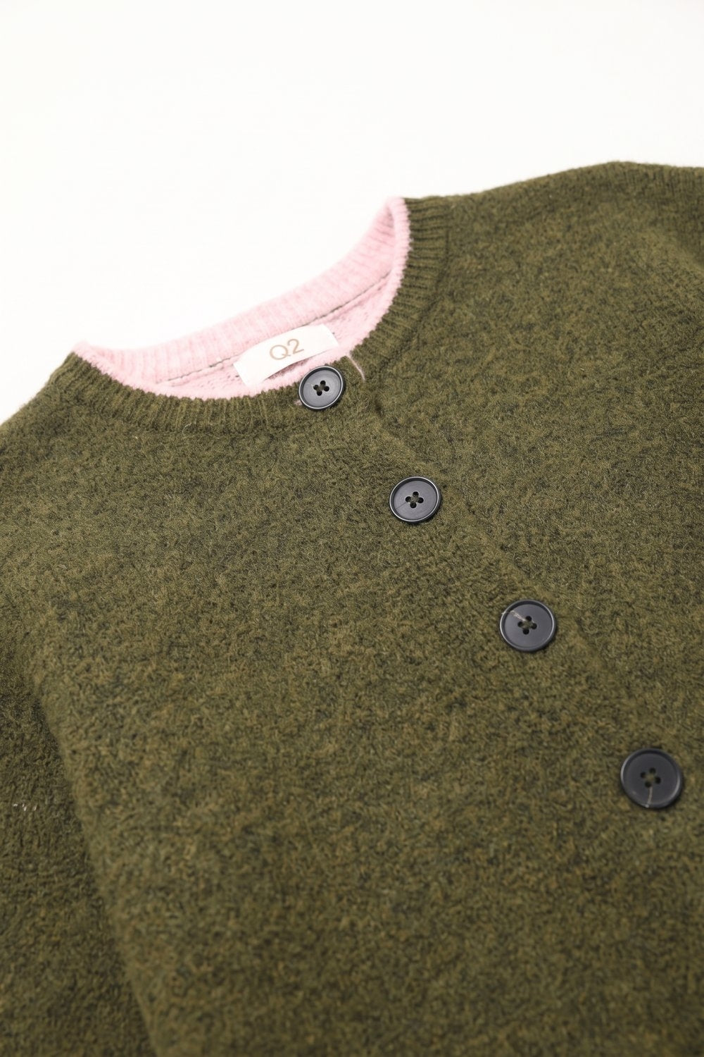 Cardigan com Botões e Acabamento Canelado em Malha Fina Verde Oliva e Rosa