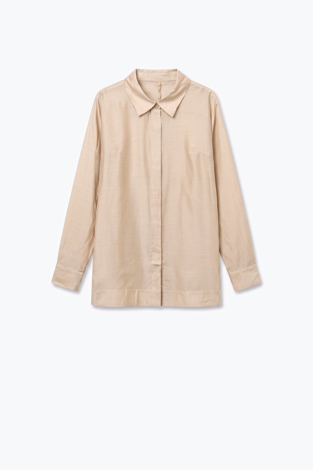 Camisa oversized bege em tecido translúcido com mangas largas