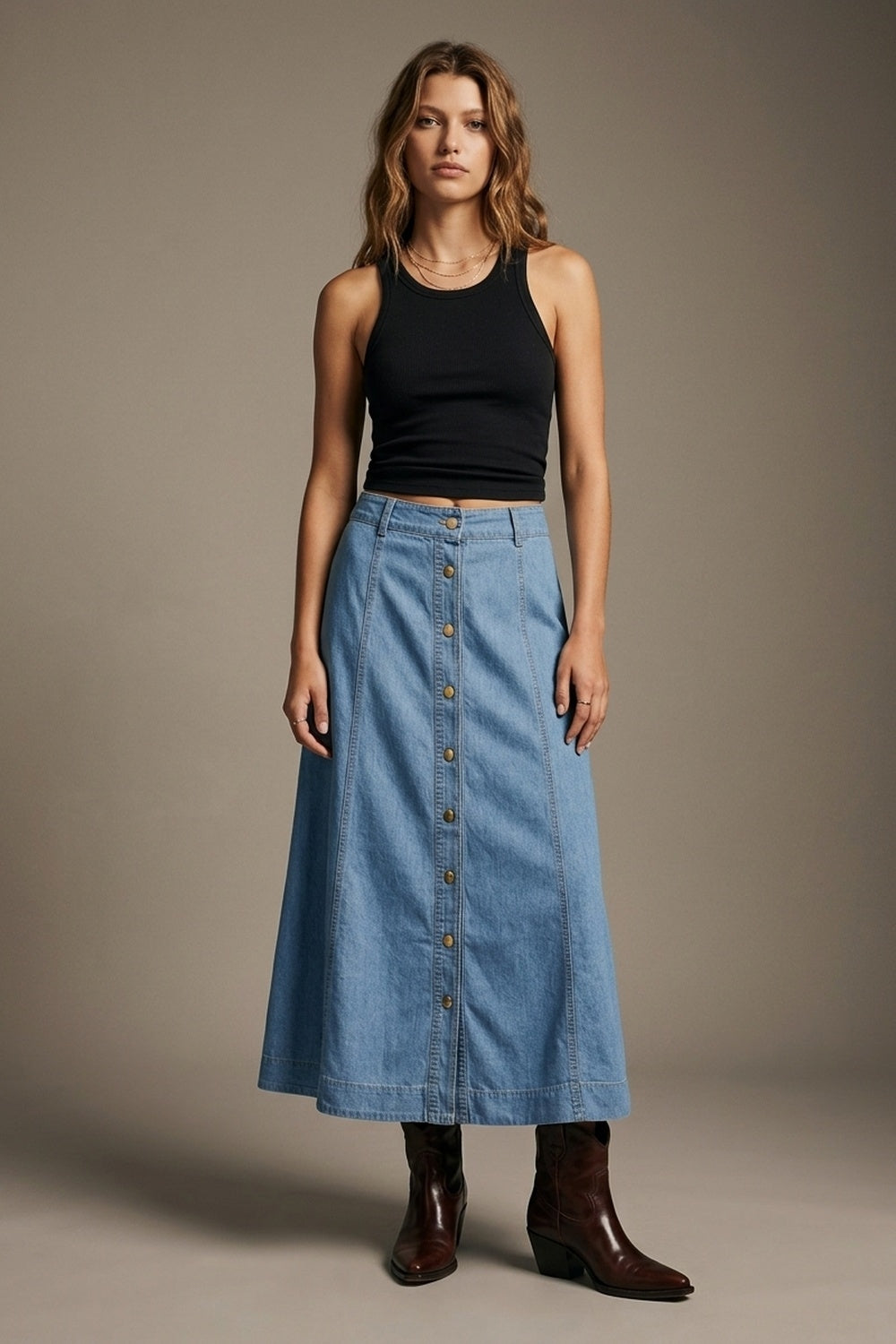 Saia midi de denim azul claro com costura contrastante e frente com botões em linha A