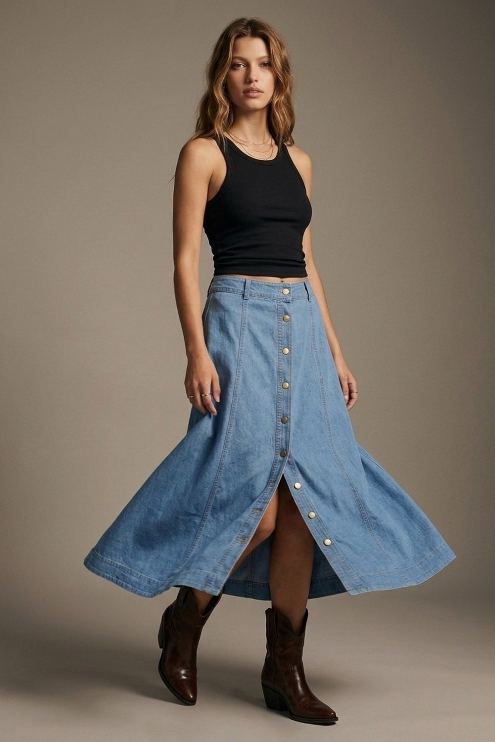 Saia midi de denim azul claro com costura contrastante e frente com botões em linha A