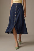 Saia midi em denim azul escuro com costura contrastante e botões frontais em linha A