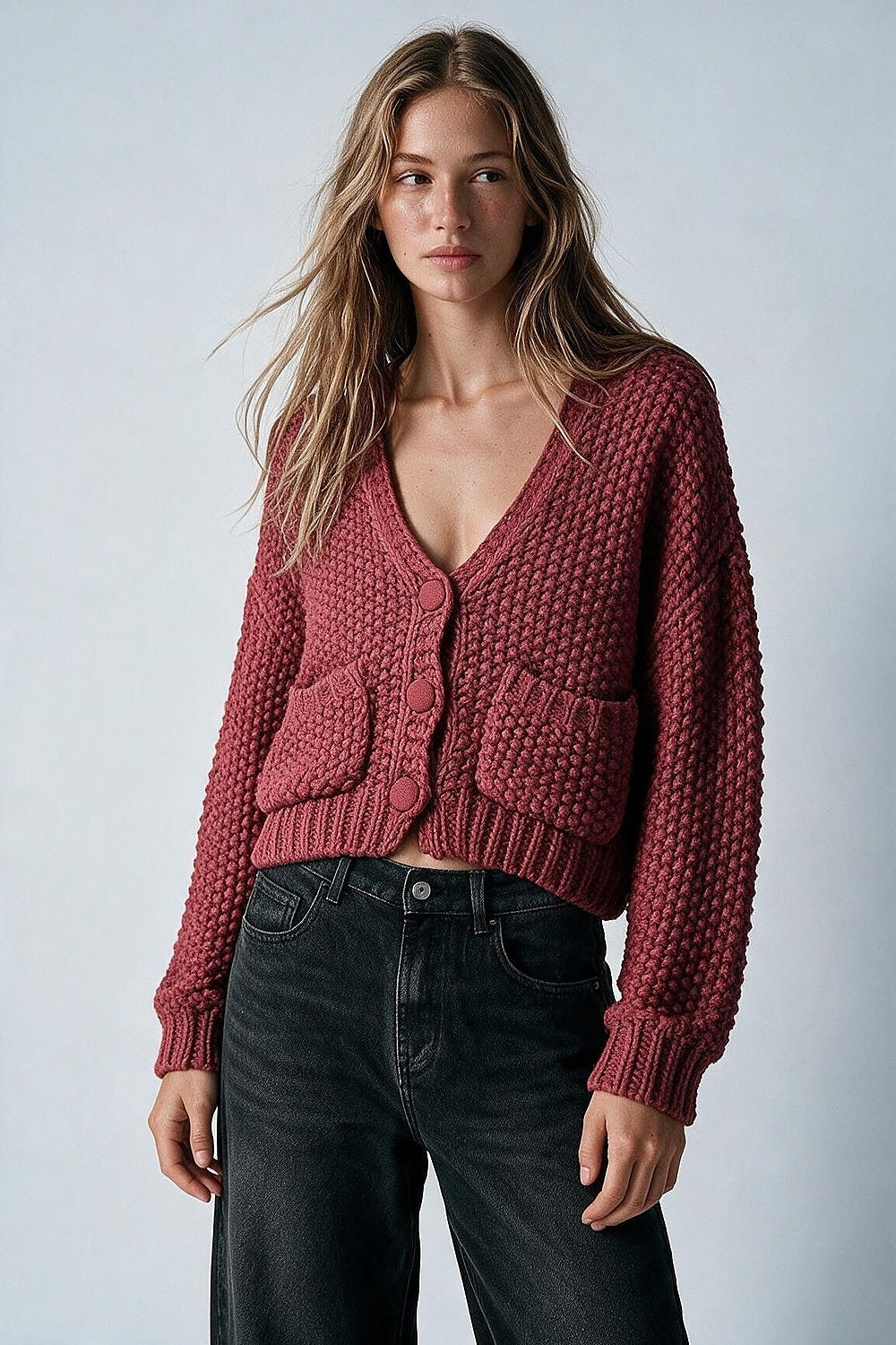Cardigan de Malha Texturizada com Botões na Frente em Borgonha