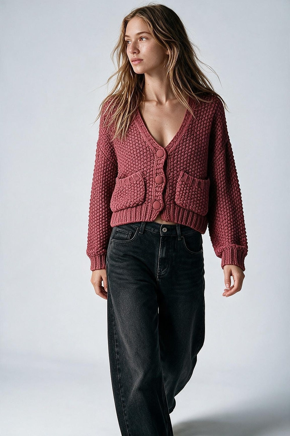 Cardigan de Malha Texturizada com Botões na Frente em Borgonha