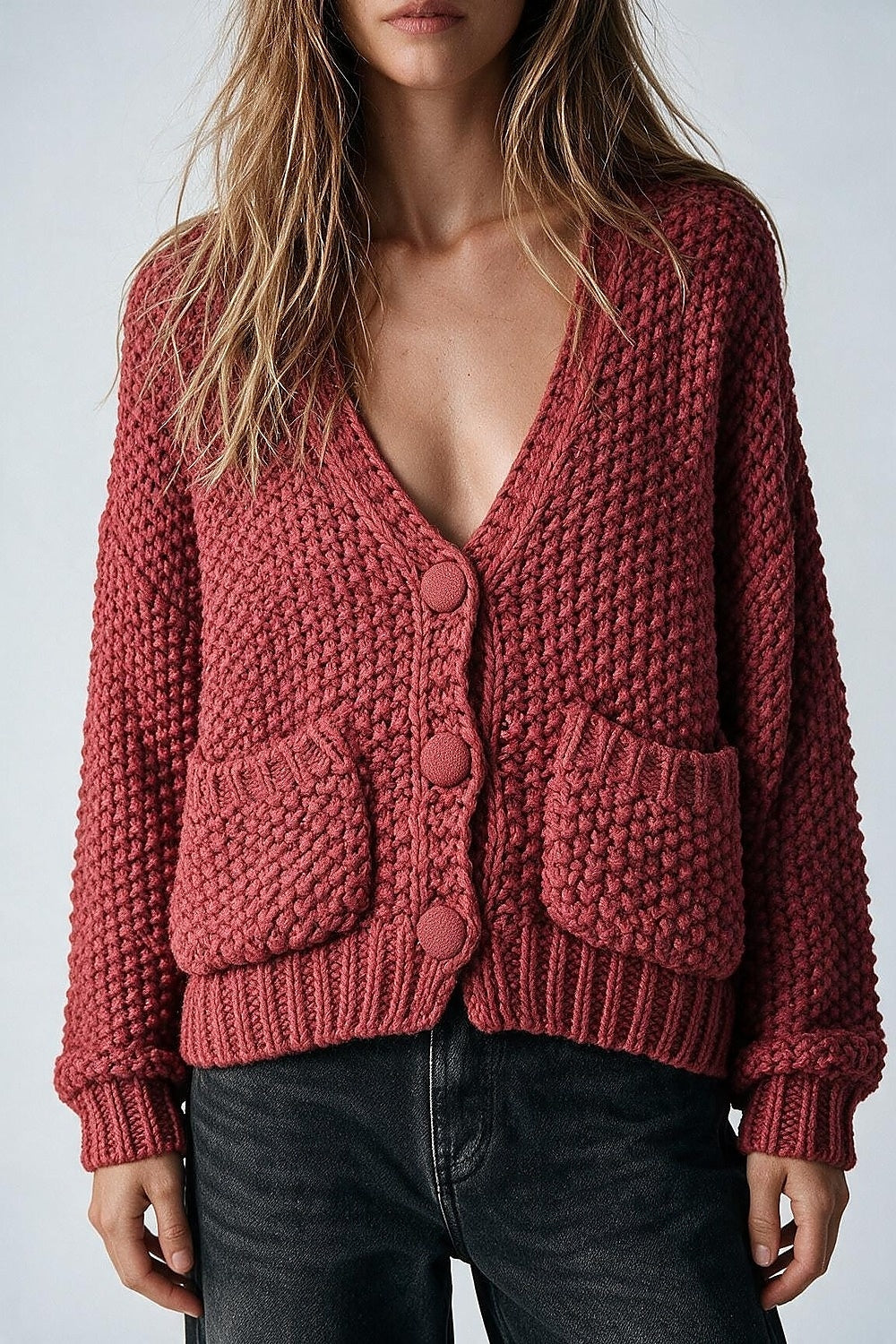 Cardigan de Malha Texturizada com Botões na Frente em Borgonha