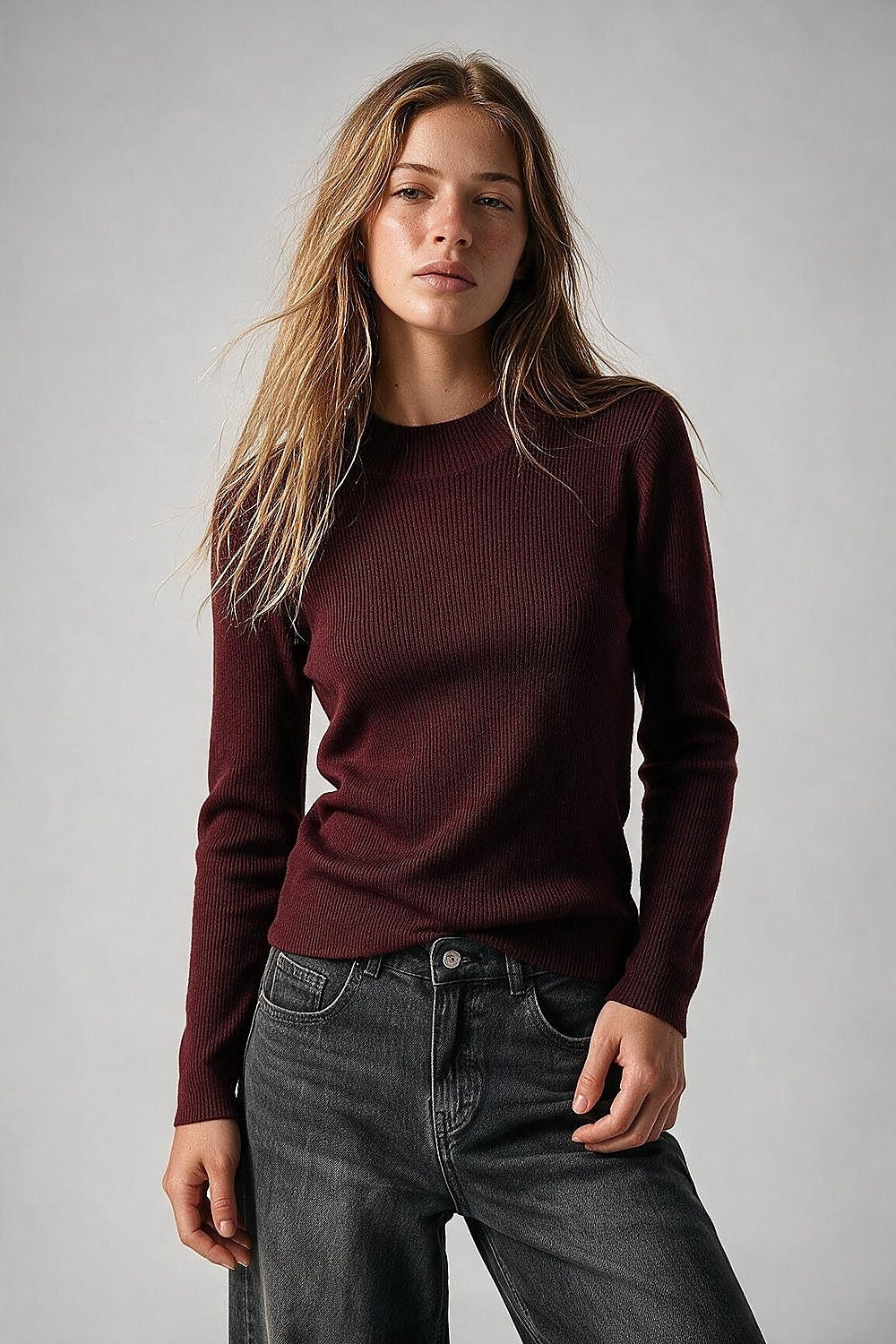 Suéter de Lã Merino com Gola Alta em Burgundy com Canelado Fino