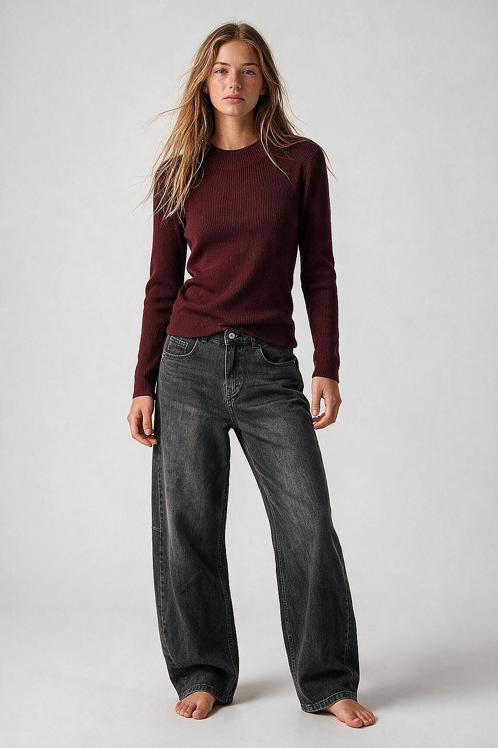Suéter de Lã Merino com Gola Alta em Burgundy com Canelado Fino