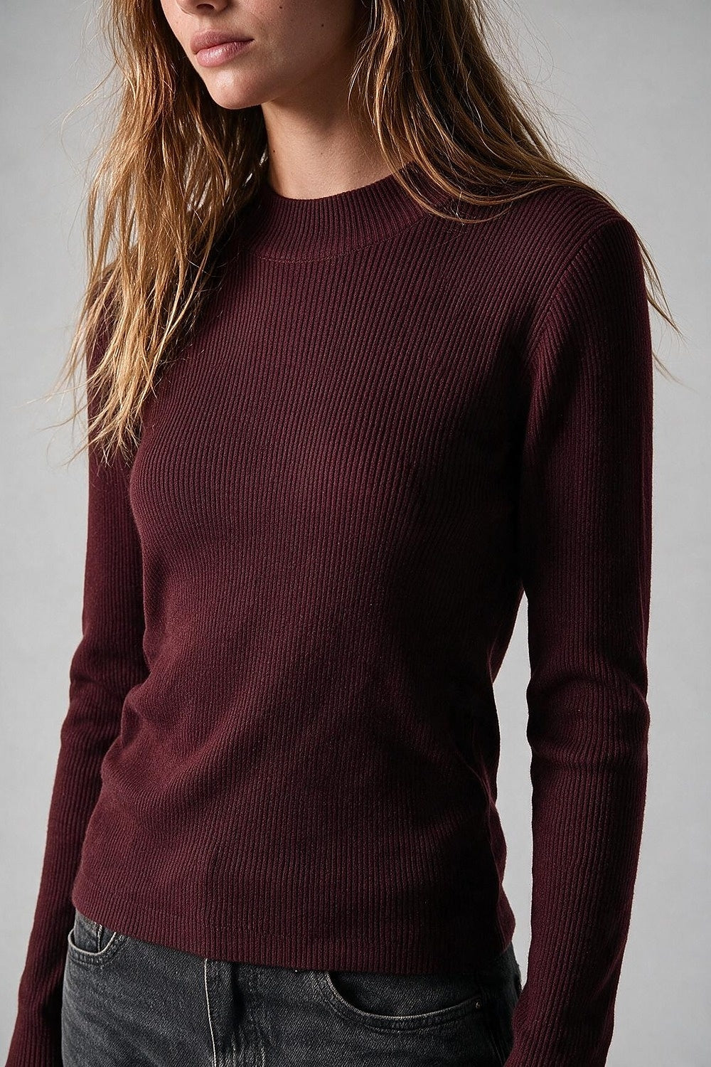 Suéter de Lã Merino com Gola Alta em Burgundy com Canelado Fino