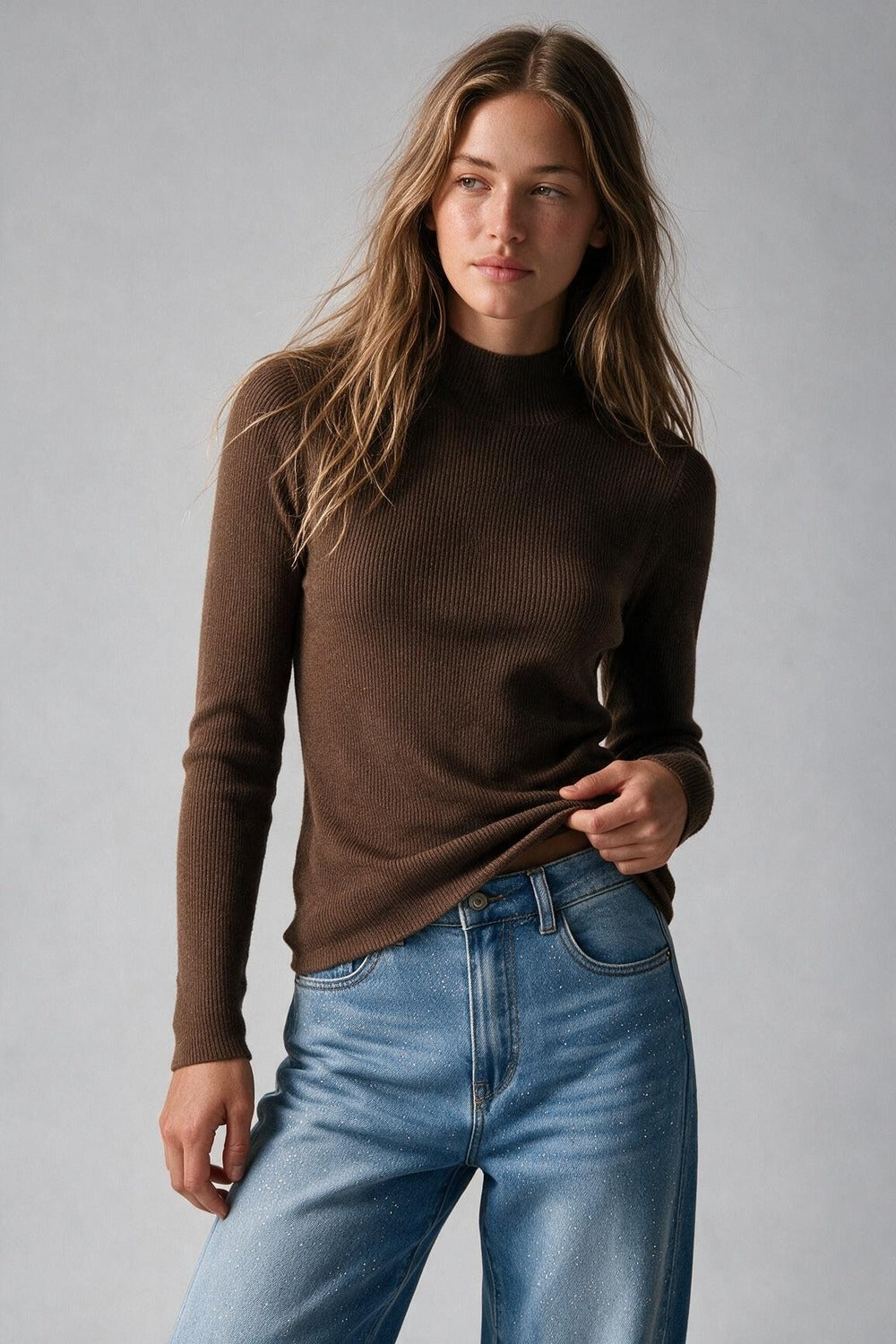 Suéter de Lã Merino com Gola Alta em camel