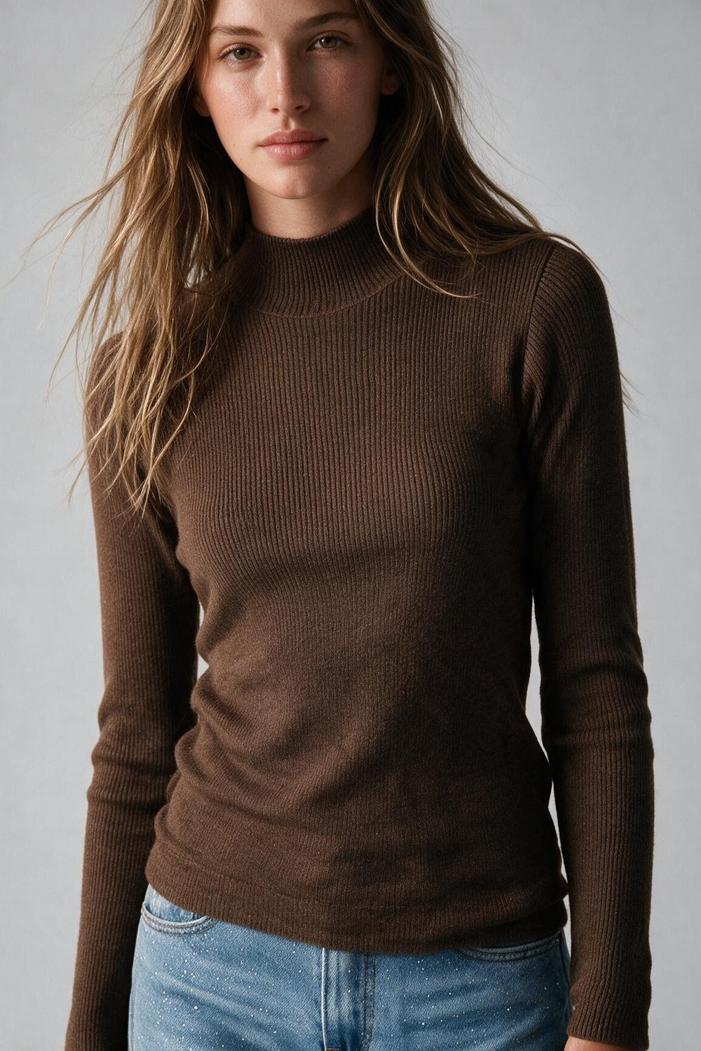 Suéter de Lã Merino com Gola Alta em camel