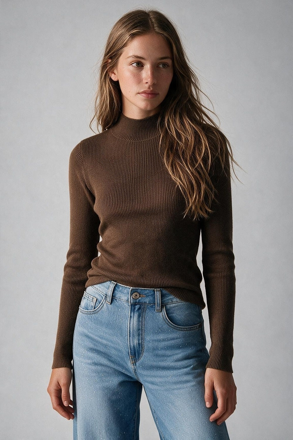 Suéter de Lã Merino com Gola Alta em camel