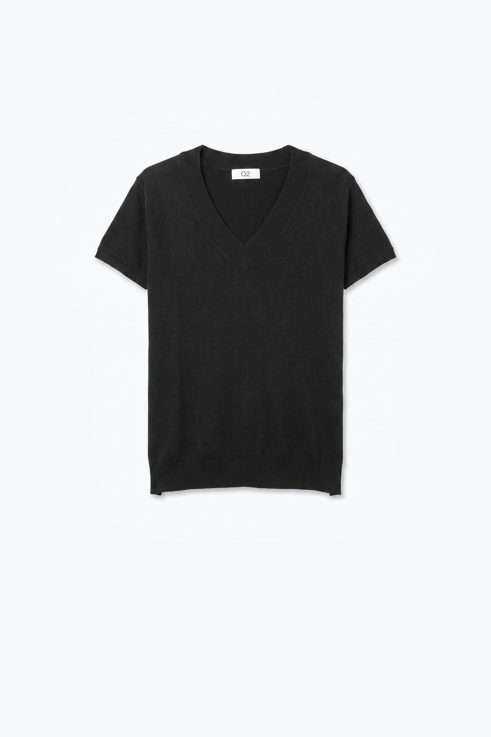 Suéter Preto de Malha Fina com Decote em V e Mangas Curtas Dolman com Ombros Caídos