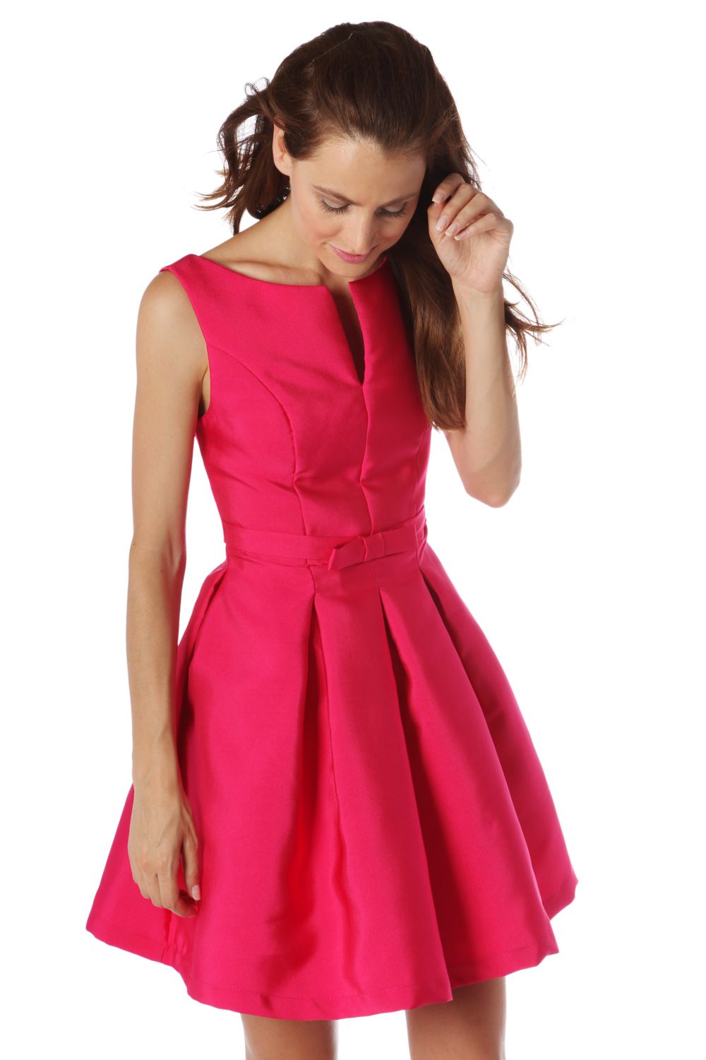 Vestido skater fúcsia com laço na cintura