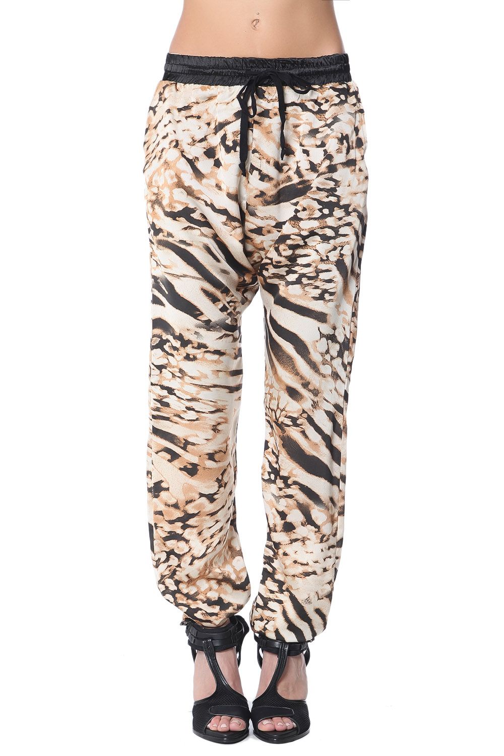 Calças largas com estampado animal castanho