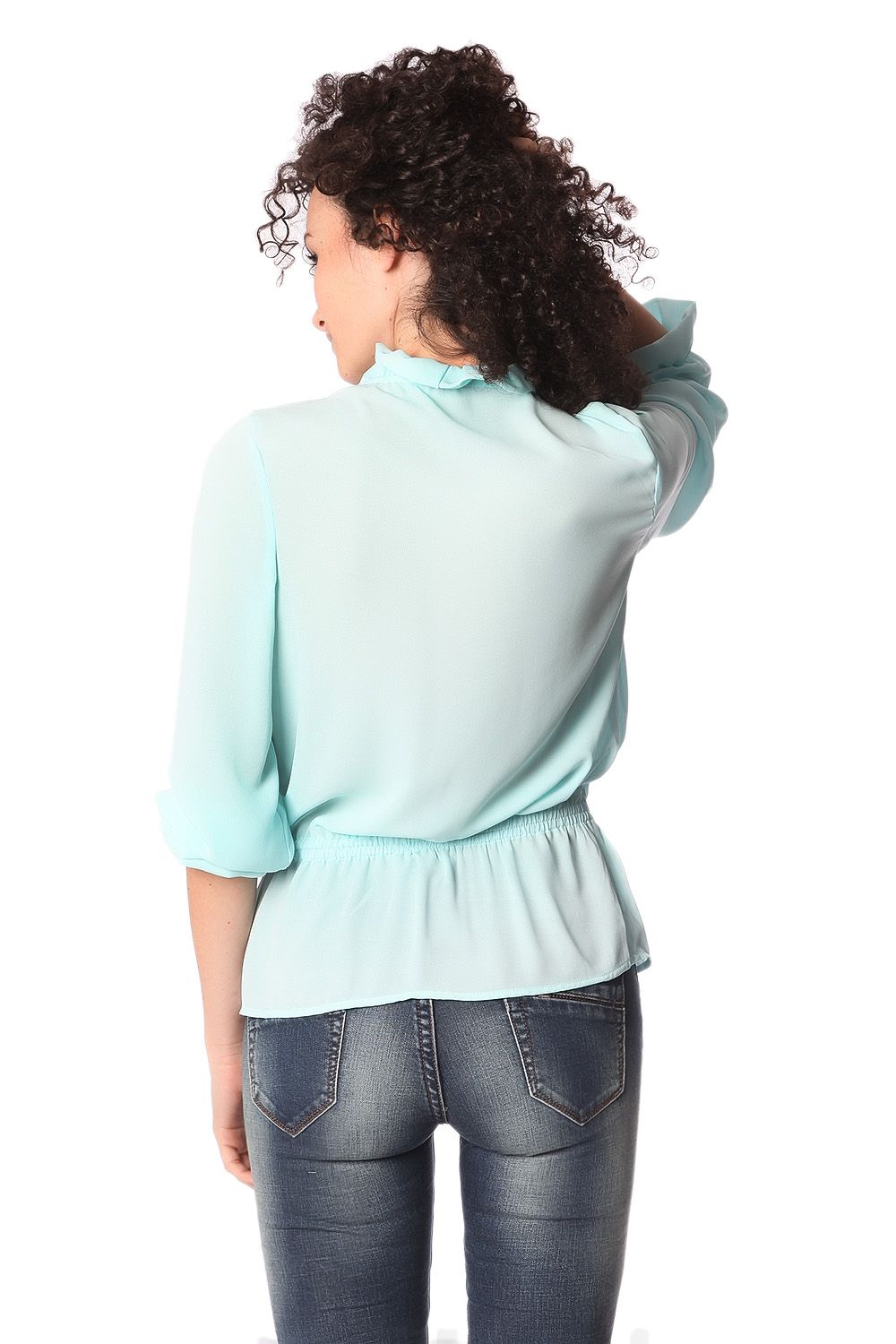 Blusa com gola de babados e laço turquesa fina