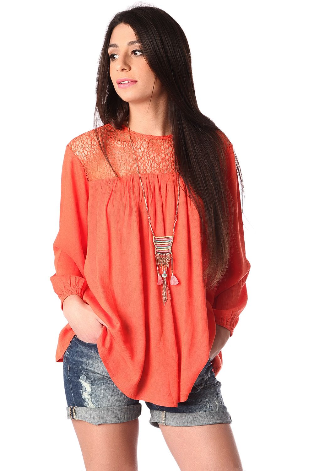 Ampla blusa com laranja detalhe da grade