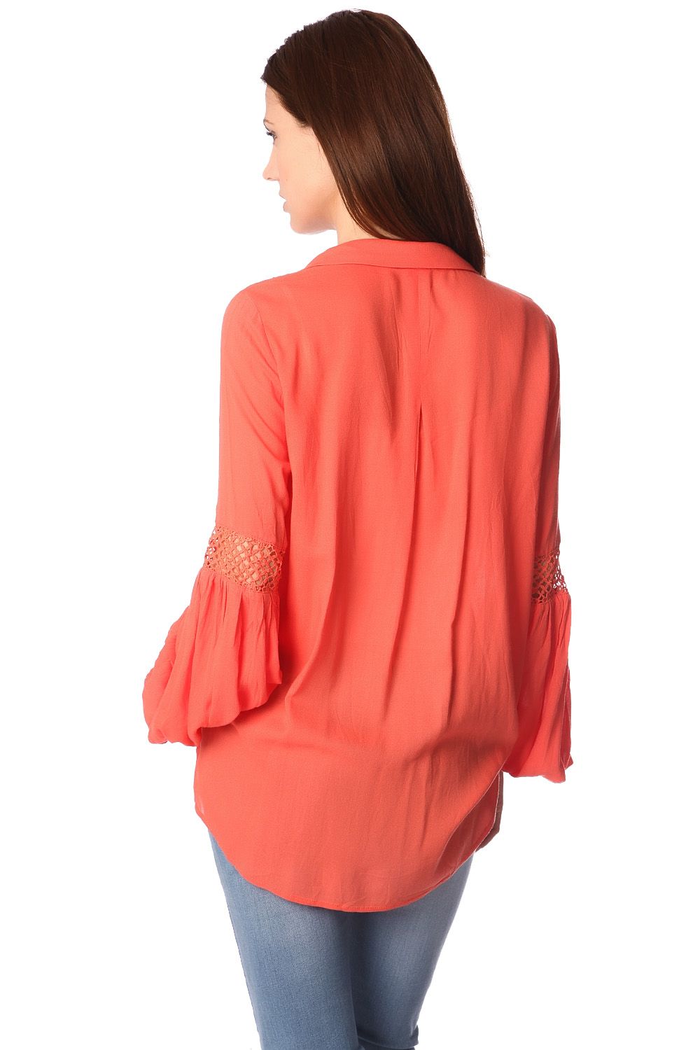 Blusa laranja com frente wrap e drapeados detalhe