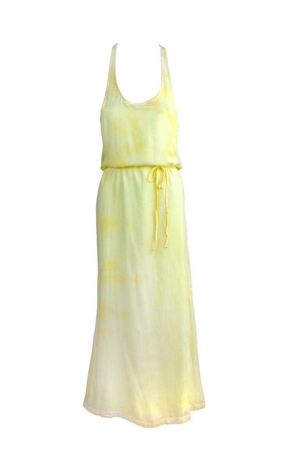 Vestido amarelo com tiras finas e parte inferior das costas