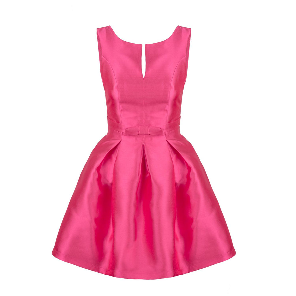 Vestido skater fúcsia com laço na cintura