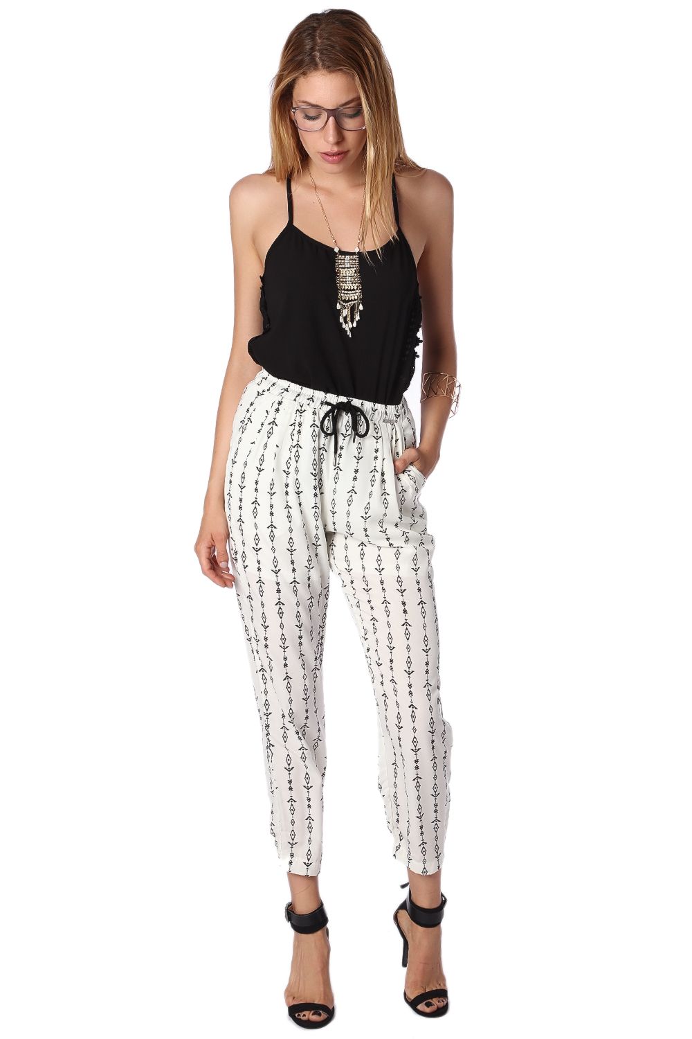 Calça creme com Aztec contraste de impressão