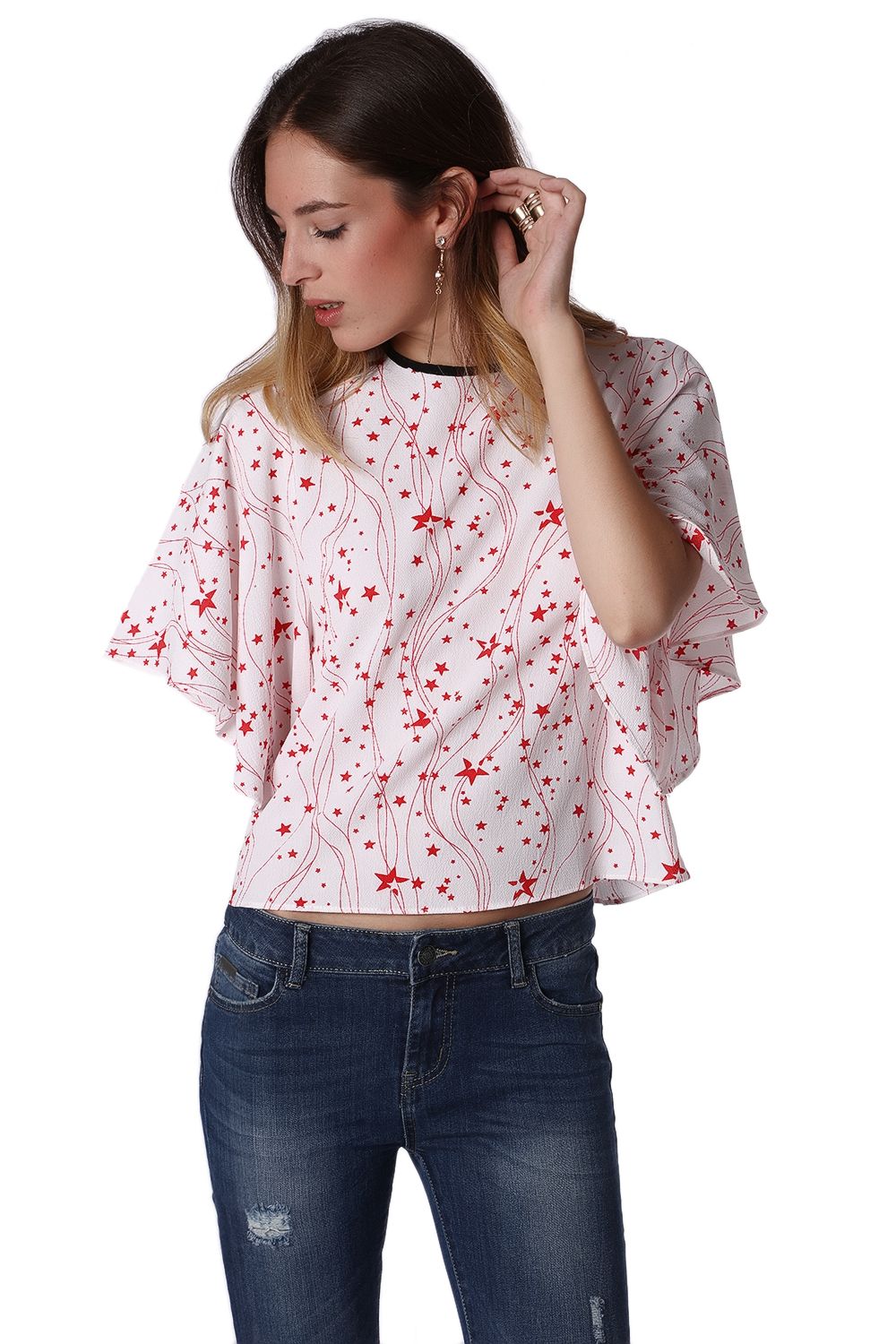 Top com mangas de anjo com impressão de estrelas vermelho