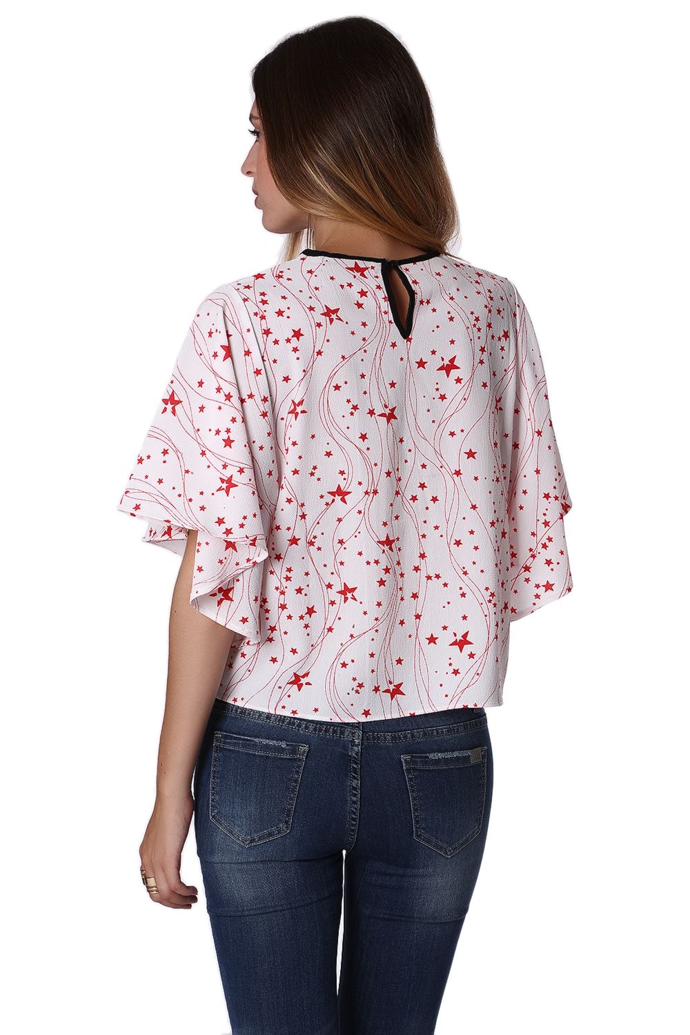 Top com mangas de anjo com impressão de estrelas vermelho
