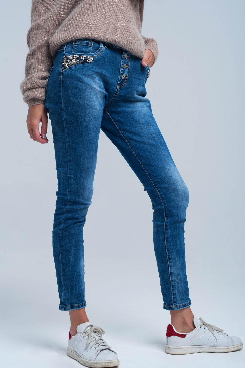 Vaqueiro boyfriend azul com pérolas