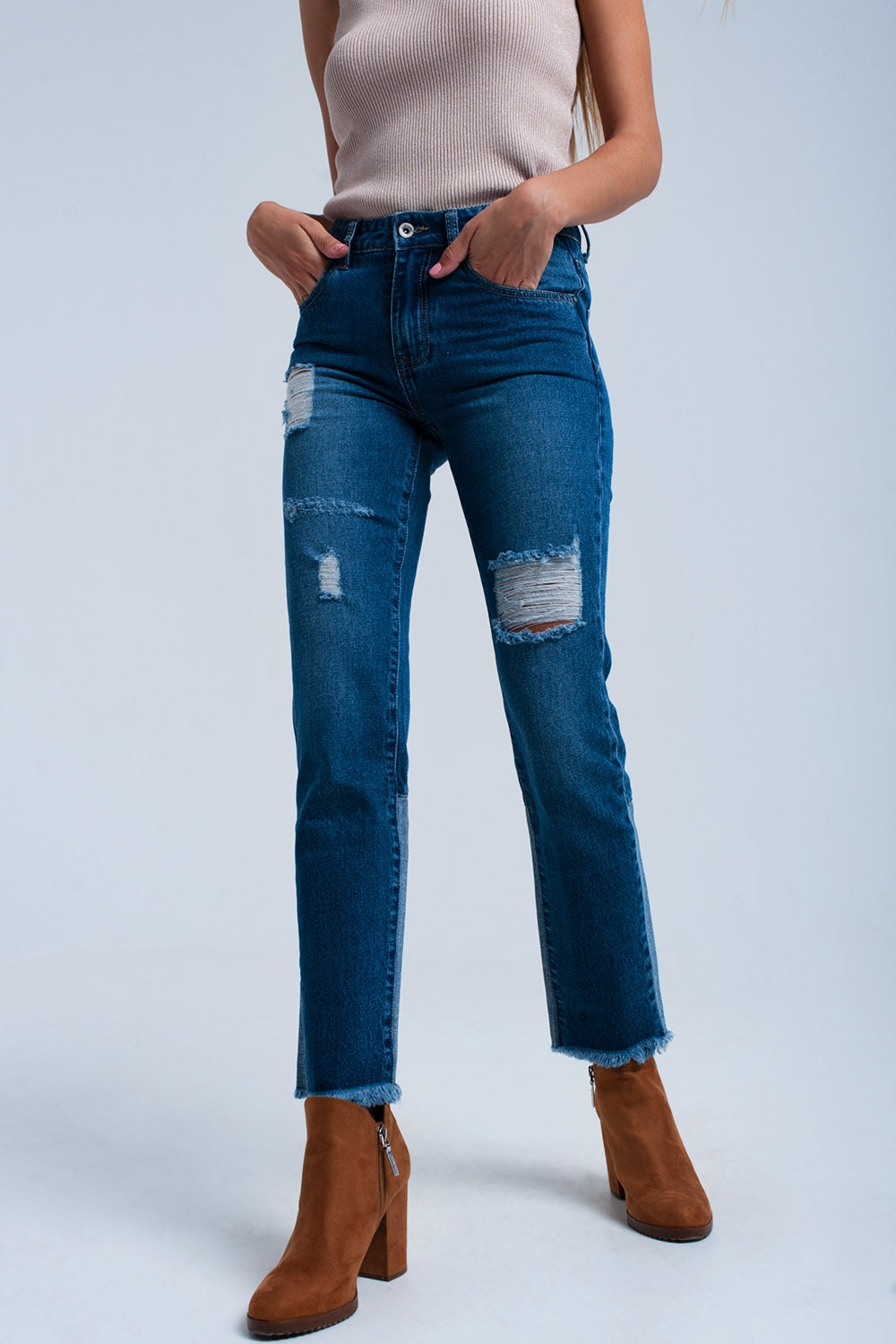 Calça de ganga reta desgastada