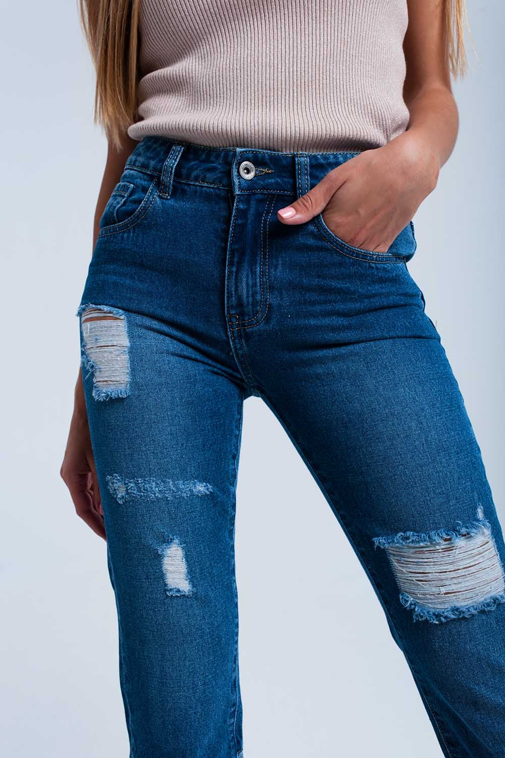 Calça de ganga reta desgastada