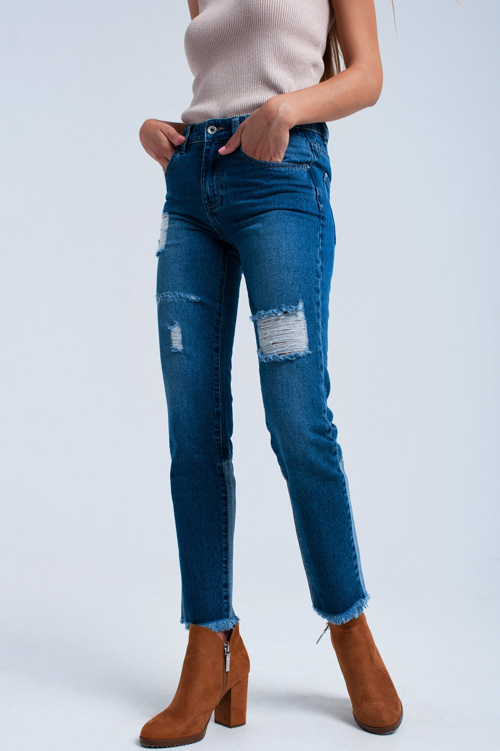 Calça de ganga reta desgastada