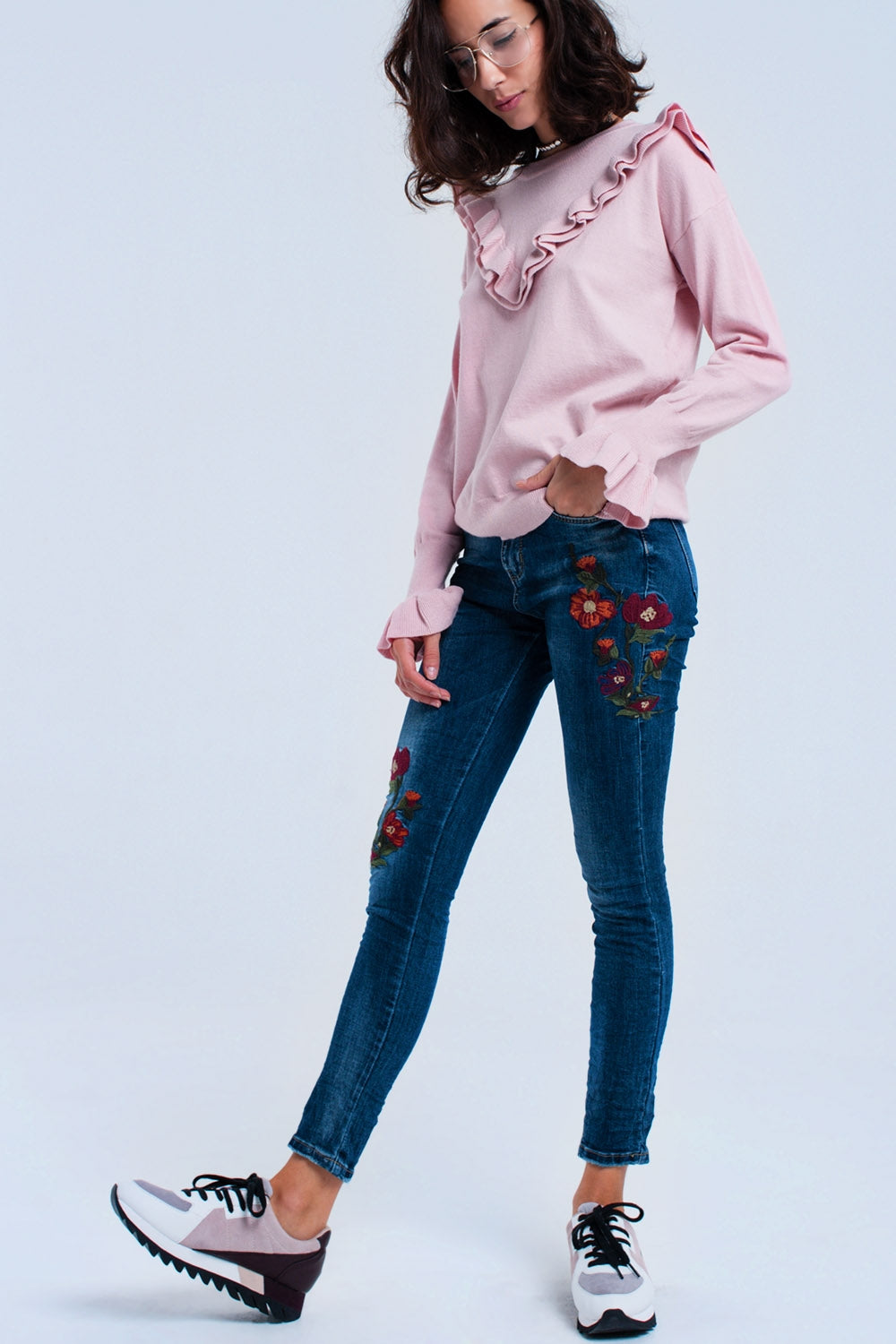 Calças de ganga skinny com flores