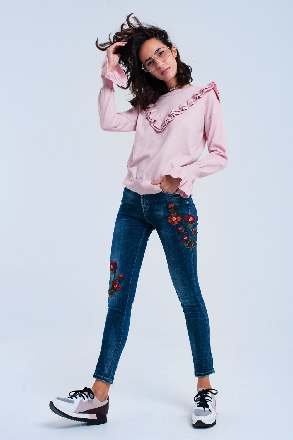 Calças de ganga skinny com flores