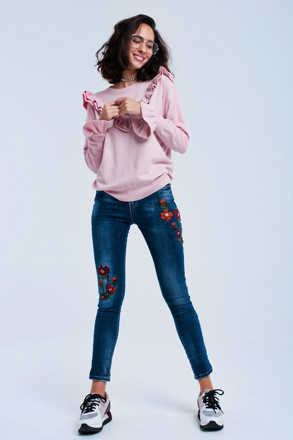 Calças de ganga skinny com flores