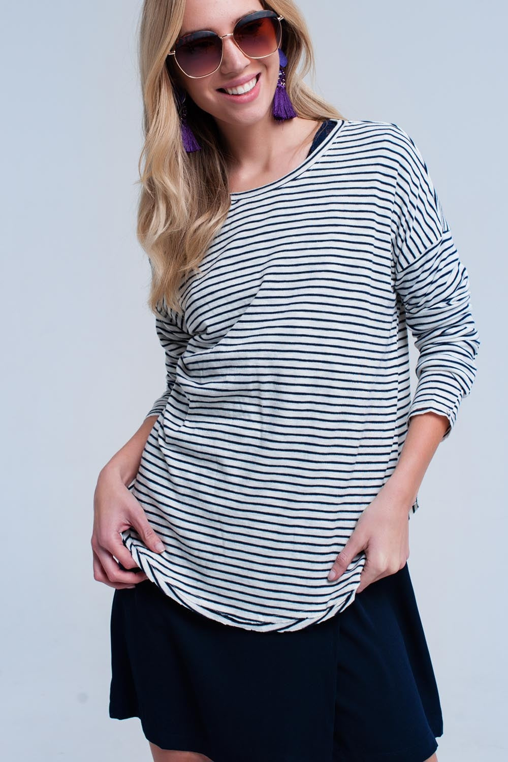 Camisola assimétrica listrada azul
