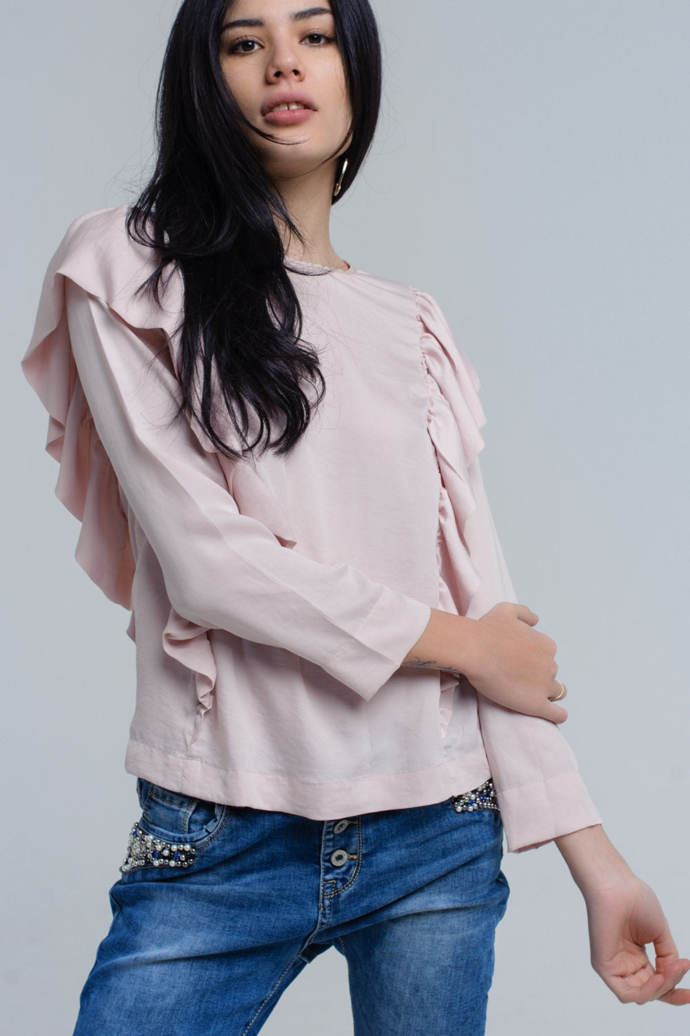 Top com detalhe de ruffle em rosa pálido