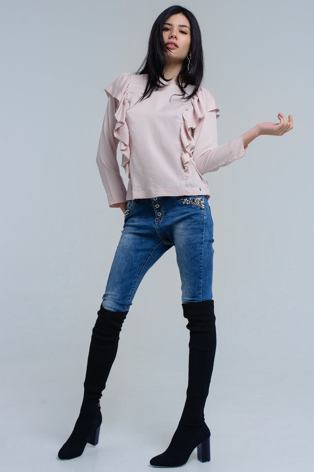Top com detalhe de ruffle em rosa pálido