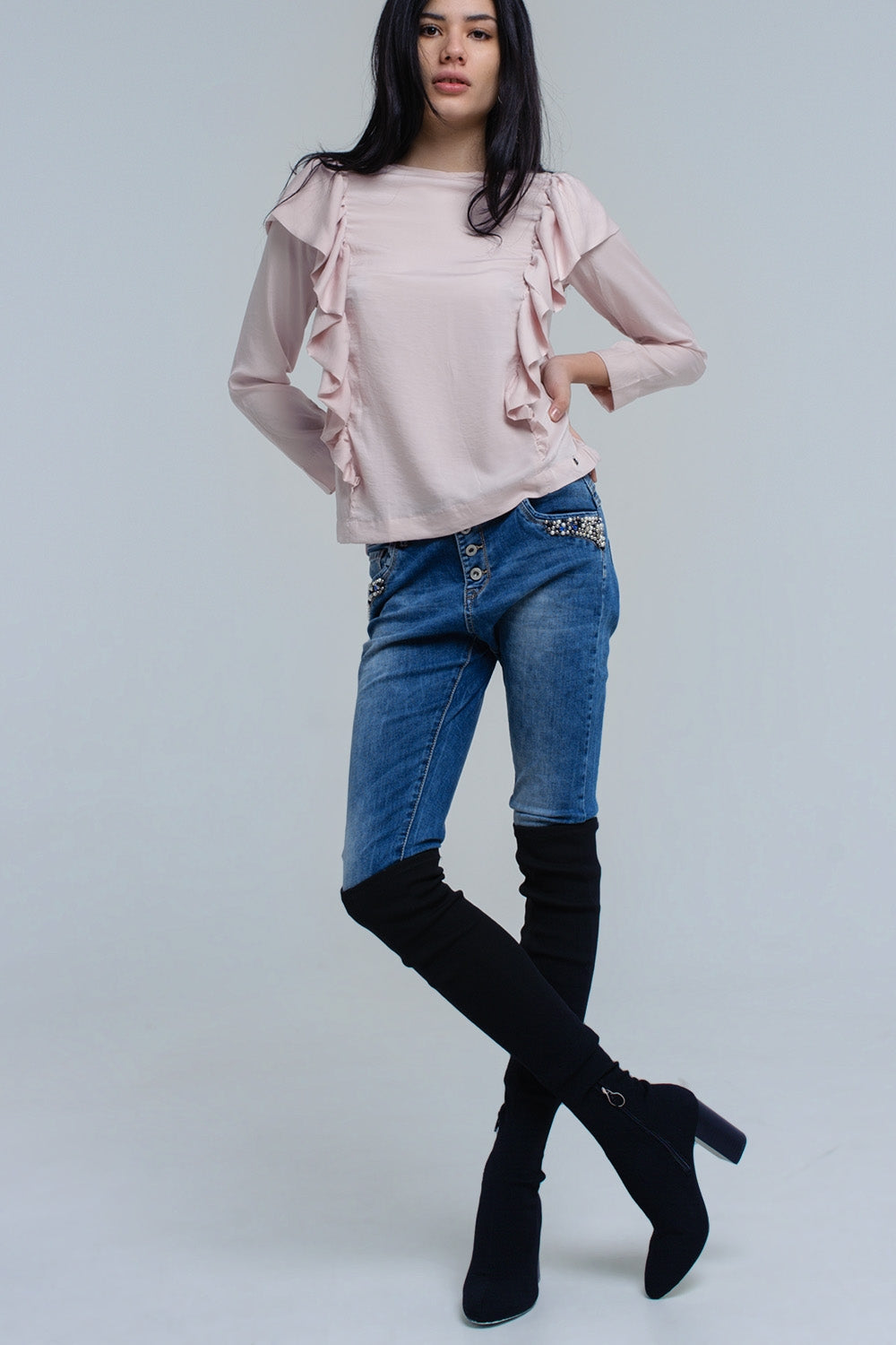 Top com detalhe de ruffle em rosa pálido