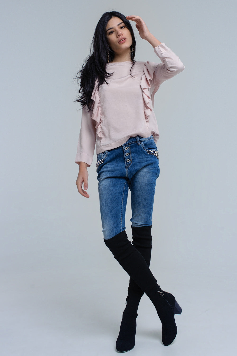 Top com detalhe de ruffle em rosa pálido