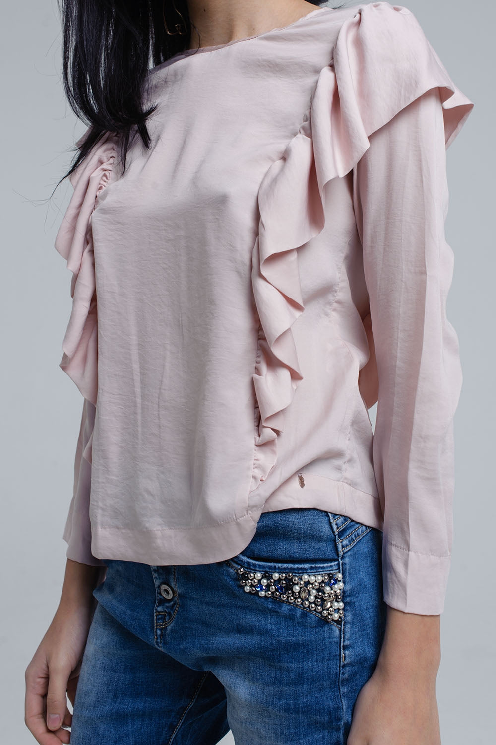 Top com detalhe de ruffle em rosa pálido