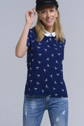 Camisa azul marinho com pássaros impressos brancos