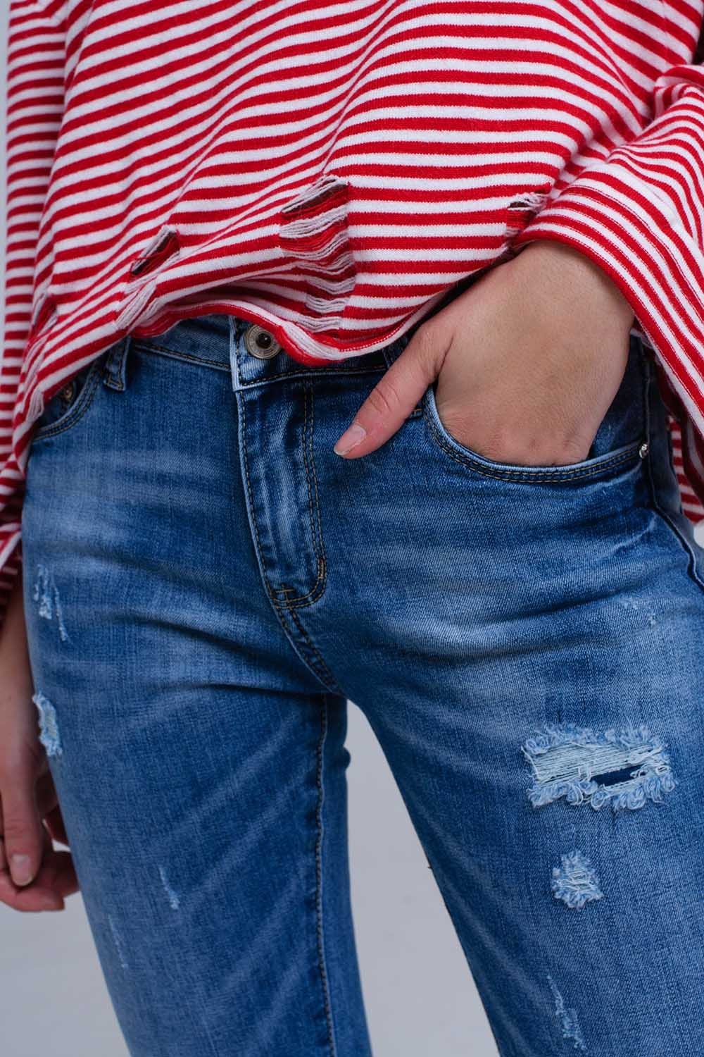 Calças de ganga skinny e desgastado com franjas