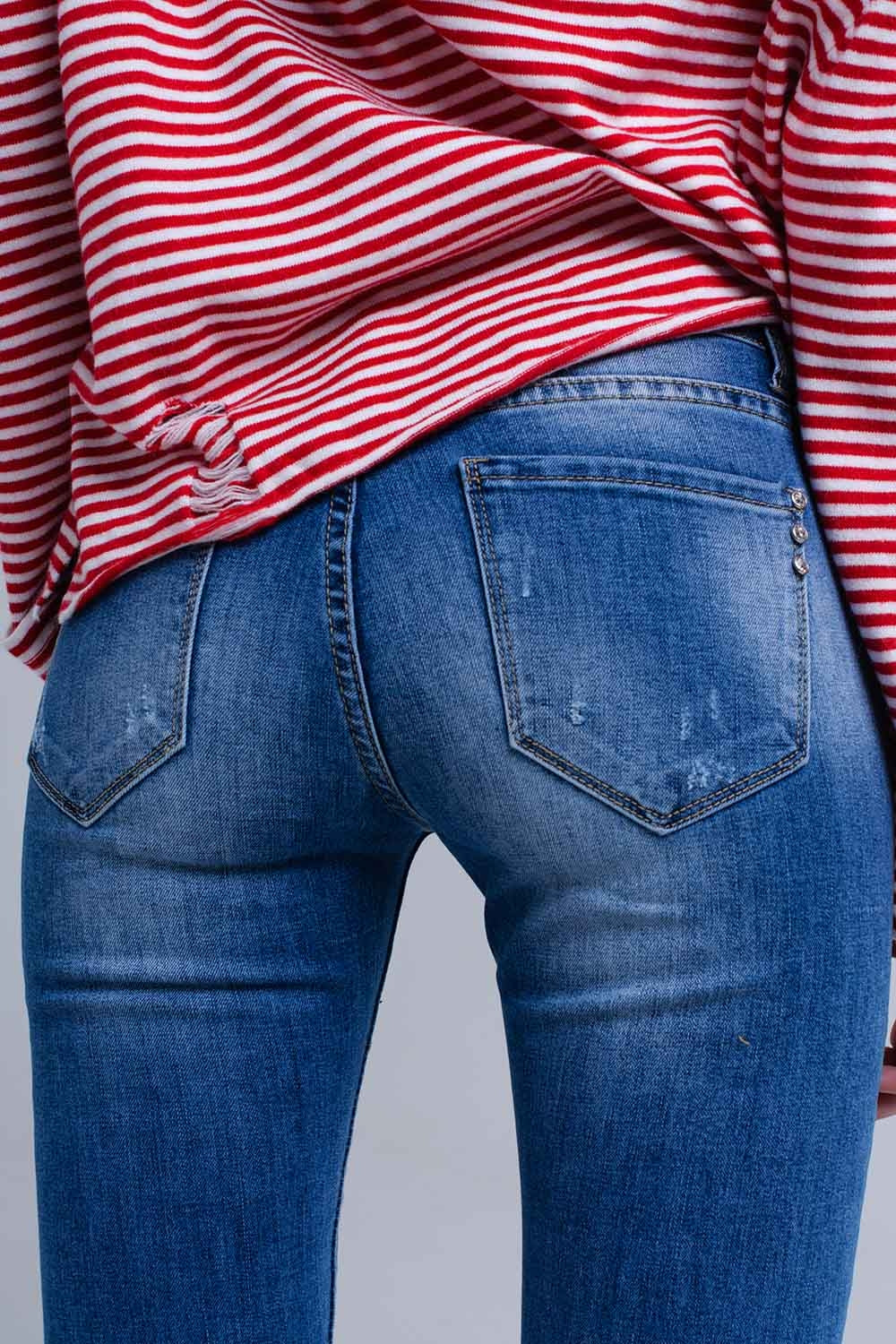 Calças de ganga skinny e desgastado com franjas
