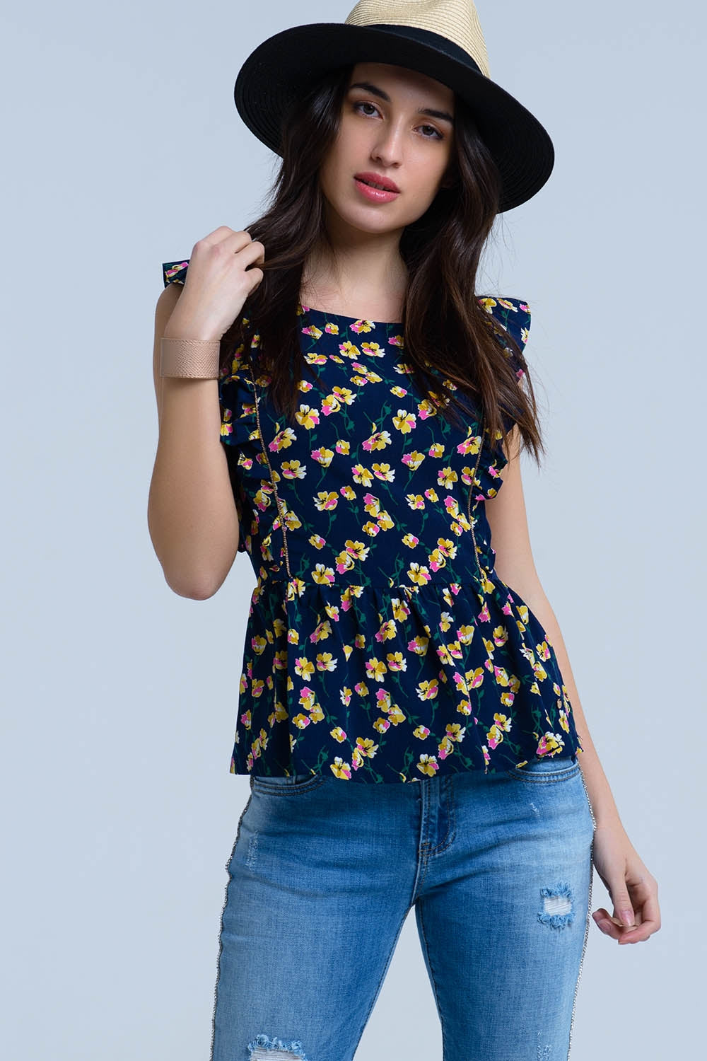 Camisa cruzada da marinha com babados