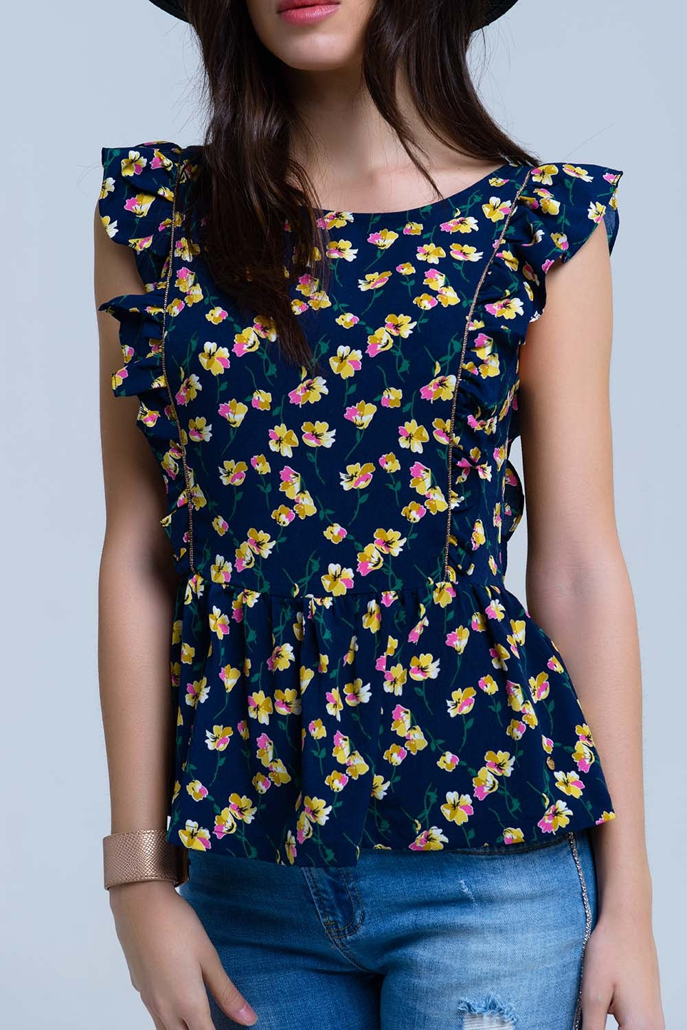 Camisa cruzada da marinha com babados