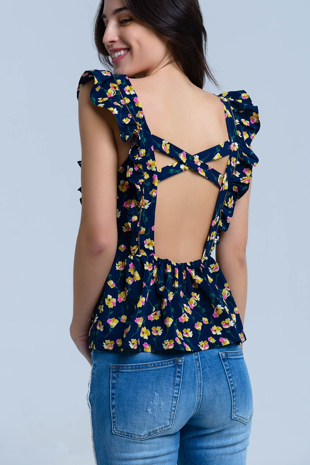 Camisa cruzada da marinha com babados