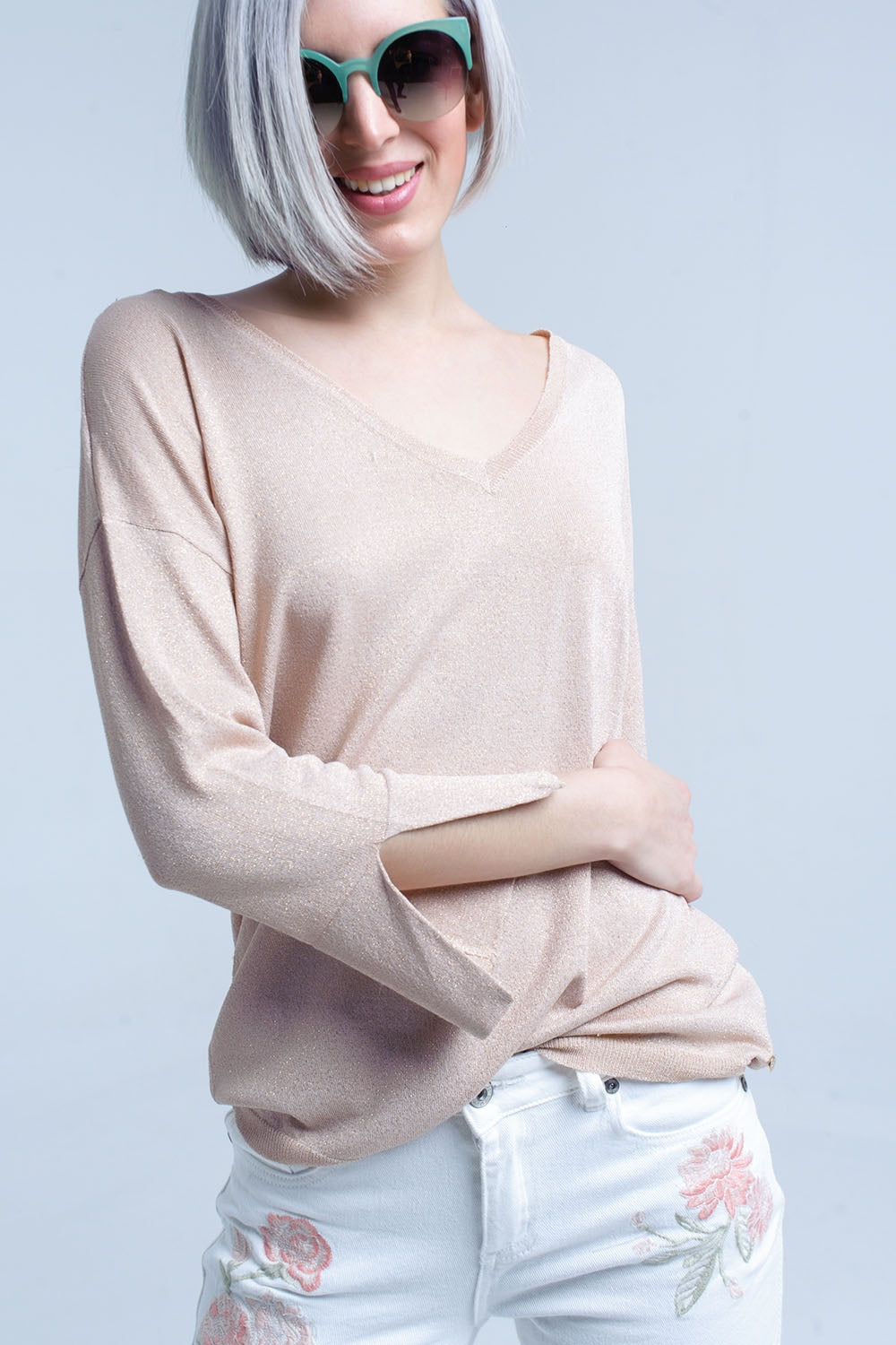 Camisola de malha cor-de-rosa com detalhes dourados em lurex