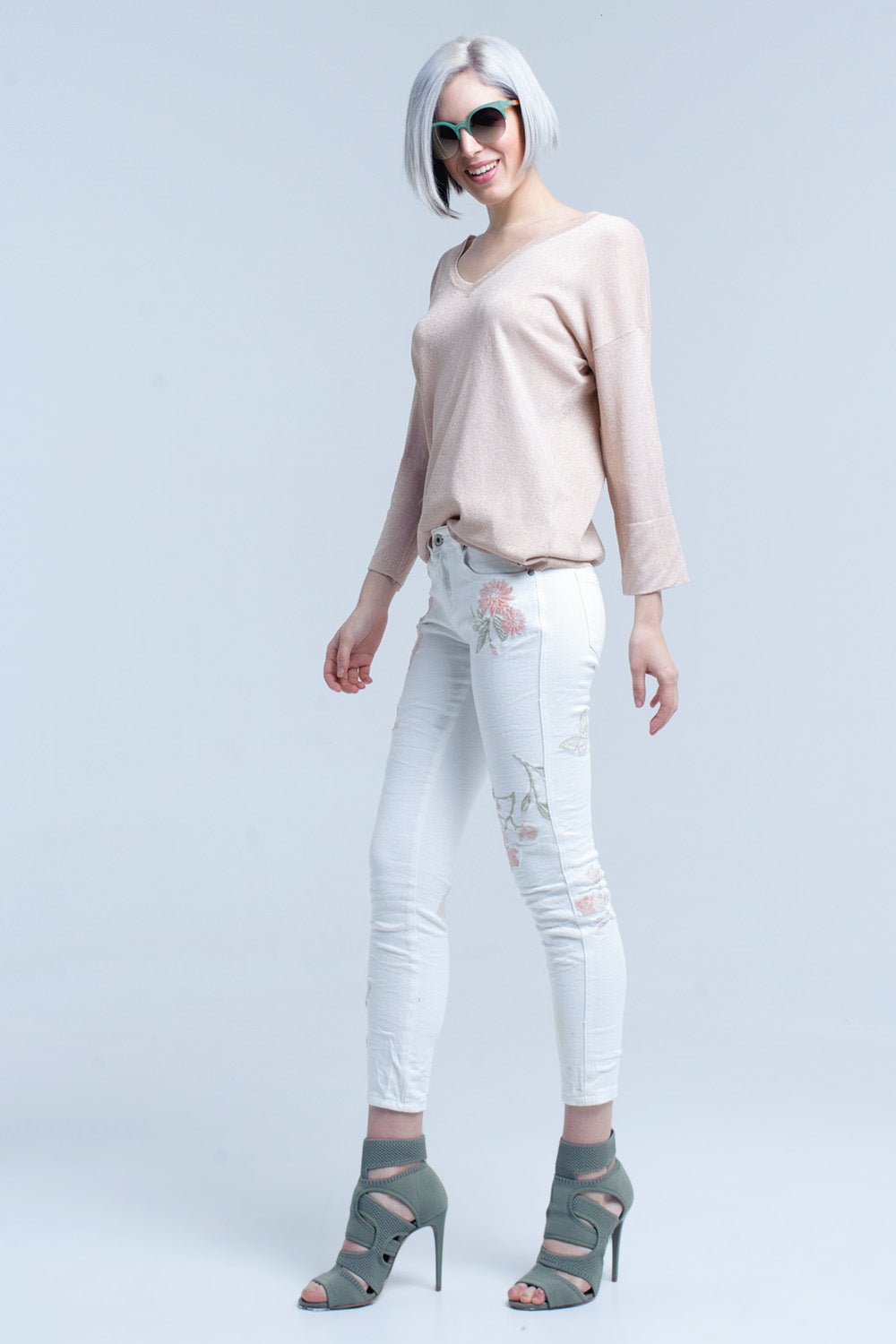 Camisola de malha cor-de-rosa com detalhes dourados em lurex
