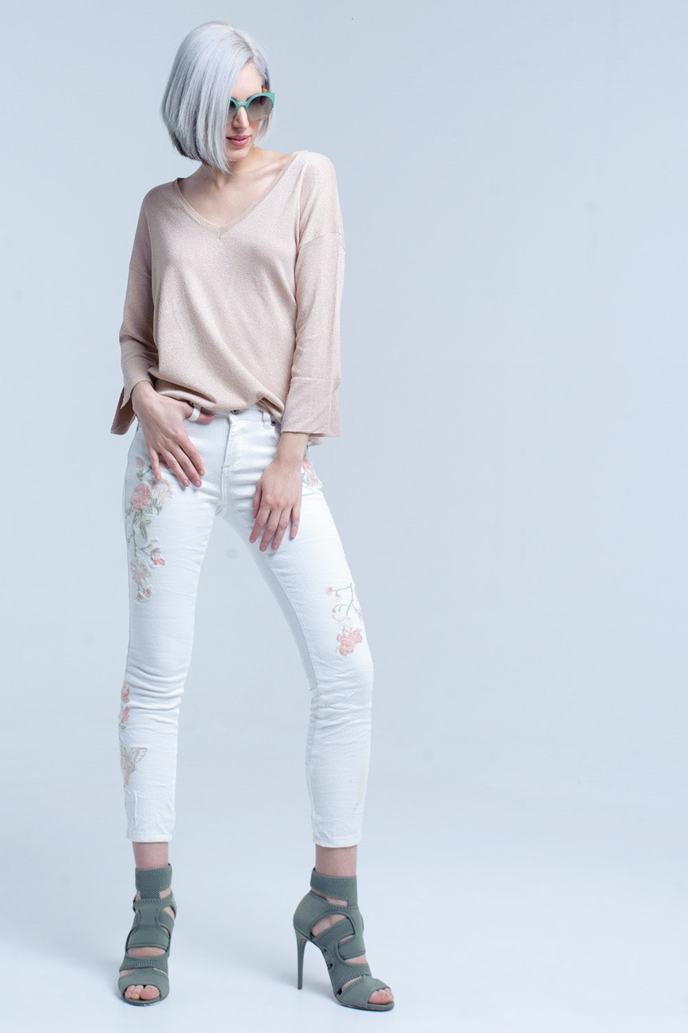 Camisola de malha cor-de-rosa com detalhes dourados em lurex