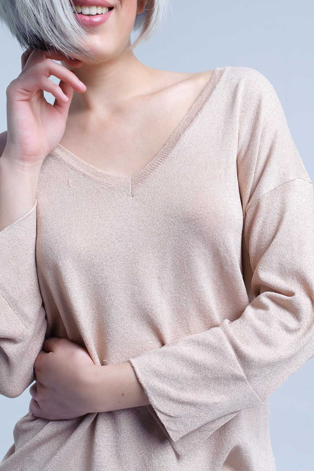 Camisola de malha cor-de-rosa com detalhes dourados em lurex